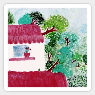 House in the forest, trees, watercolor Sticker